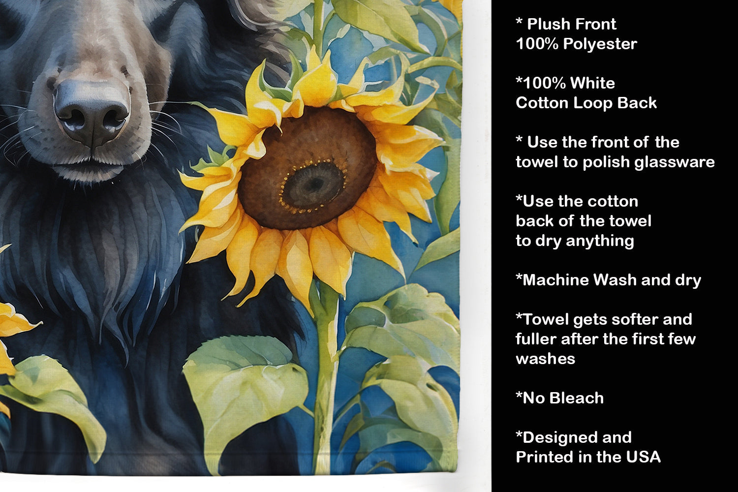 Belgian Sheepdog in Sunflowers Kitchen Towel Velour Plush Front and Cotton Loop Back Machine Washable