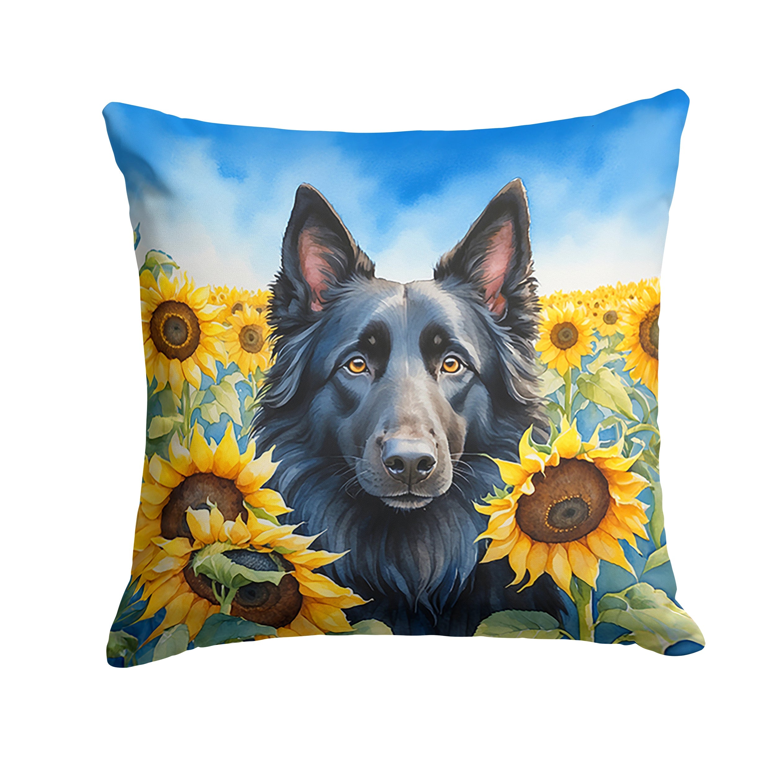 Belgian Sheepdog in Sunflowers Decorative Throw Pillow 14x14 Indoor Outdoor Accent Cushion, Fabric Cover with Insert for Sofa, Bed, Porch & Living Room