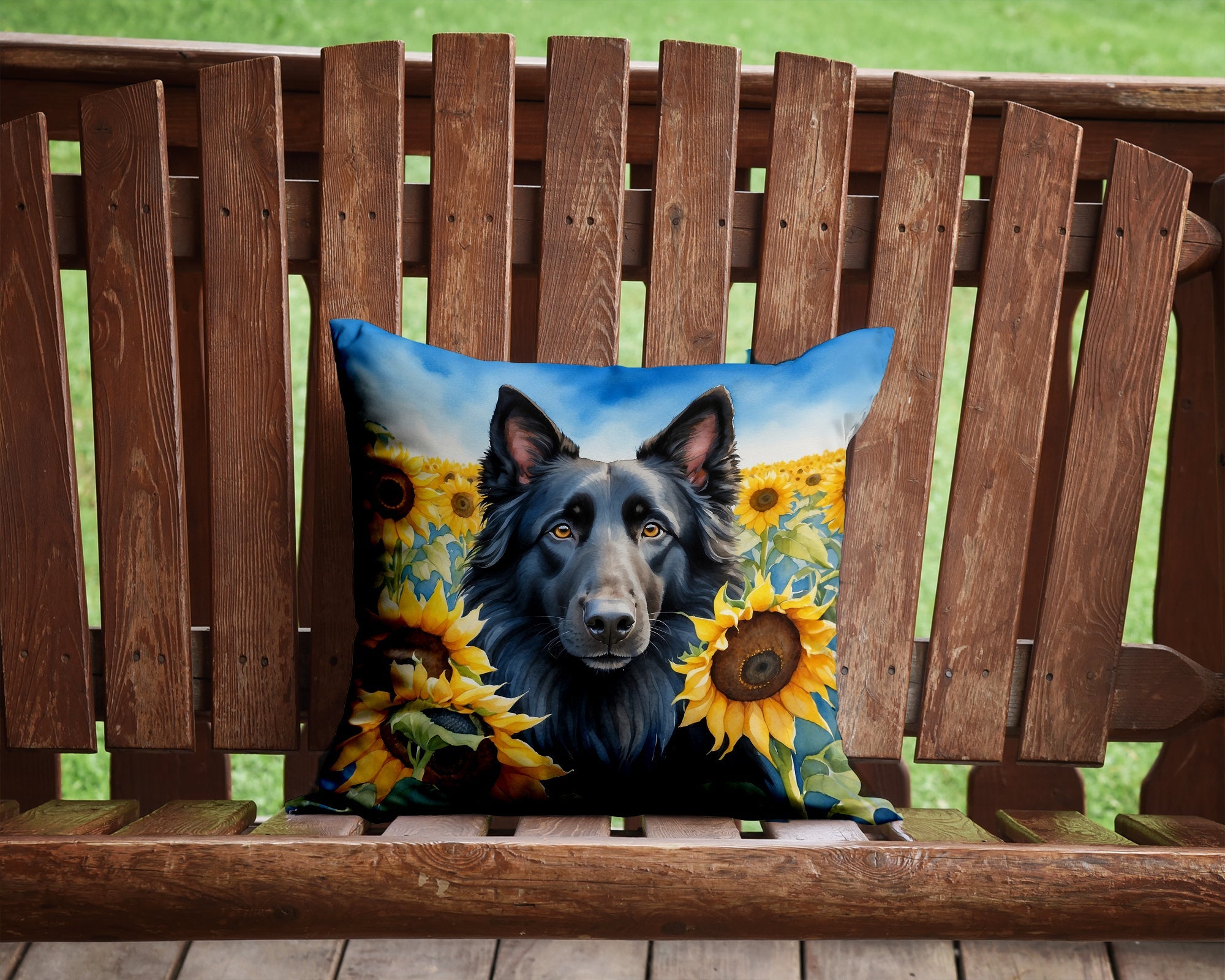 Belgian Sheepdog in Sunflowers Decorative Throw Pillow 14x14 Indoor Outdoor Accent Cushion, Fabric Cover with Insert for Sofa, Bed, Porch & Living Room