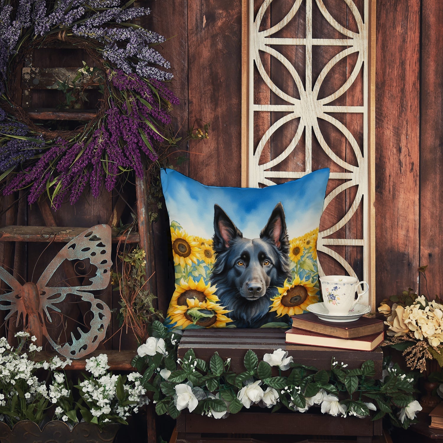 Belgian Sheepdog in Sunflowers Decorative Throw Pillow 18x18 Indoor Outdoor Accent Cushion, Fabric Cover with Insert for Sofa, Bed, Porch & Living Room