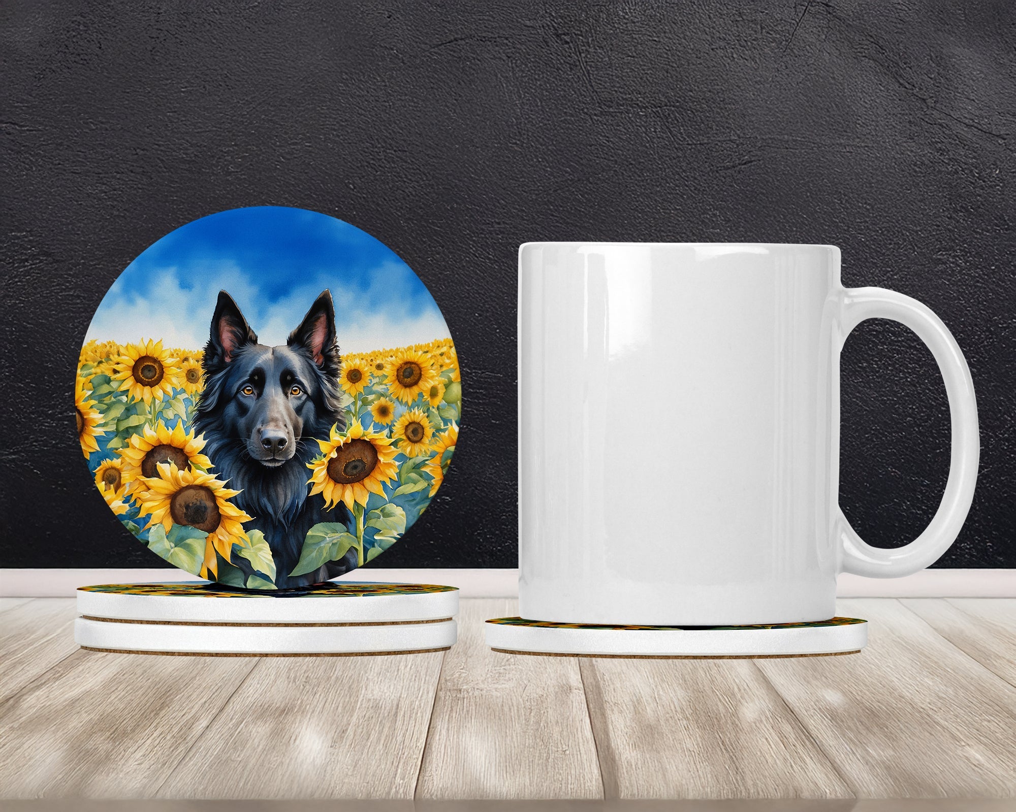 Belgian Sheepdog in Sunflowers Large Sandstone Coasters Pack of 4 Absorbent Round Coasters Decor Gifts for Men or Women, 4 in, Multicolor