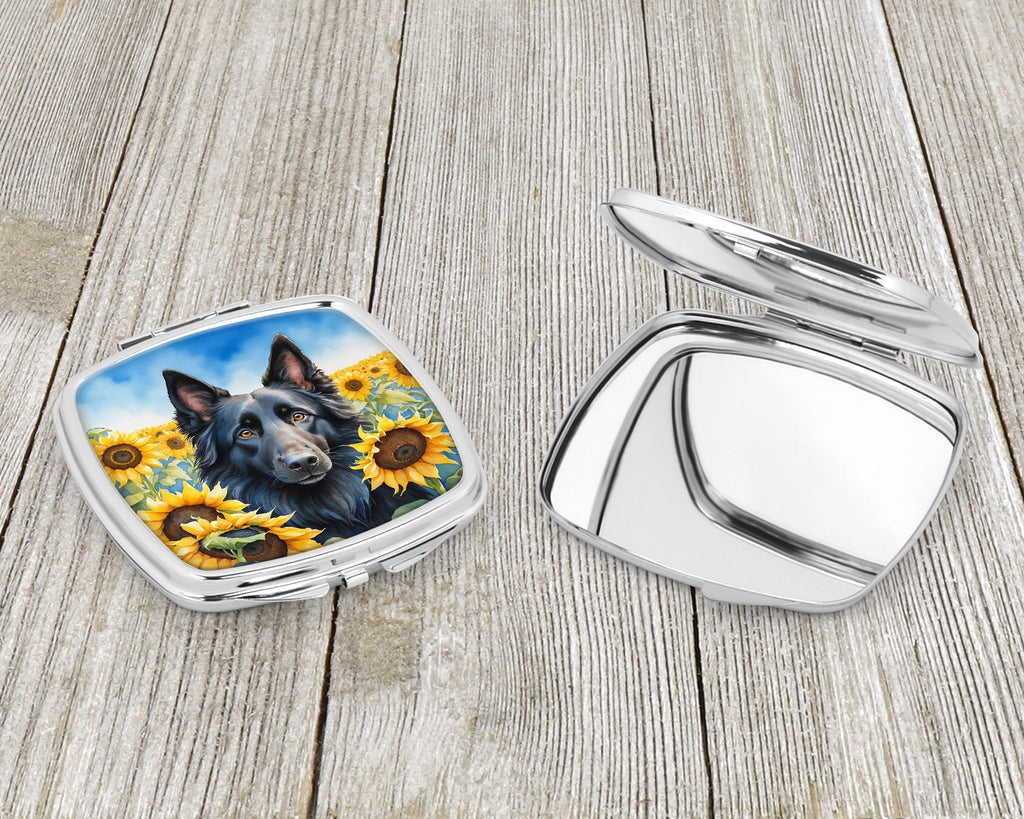 Belgian Sheepdog in Sunflowers Compact Mirror Decorative Travel Makeup Mirror for Women Girls Gifts Pocket Makeup Mirror Folding Handheld