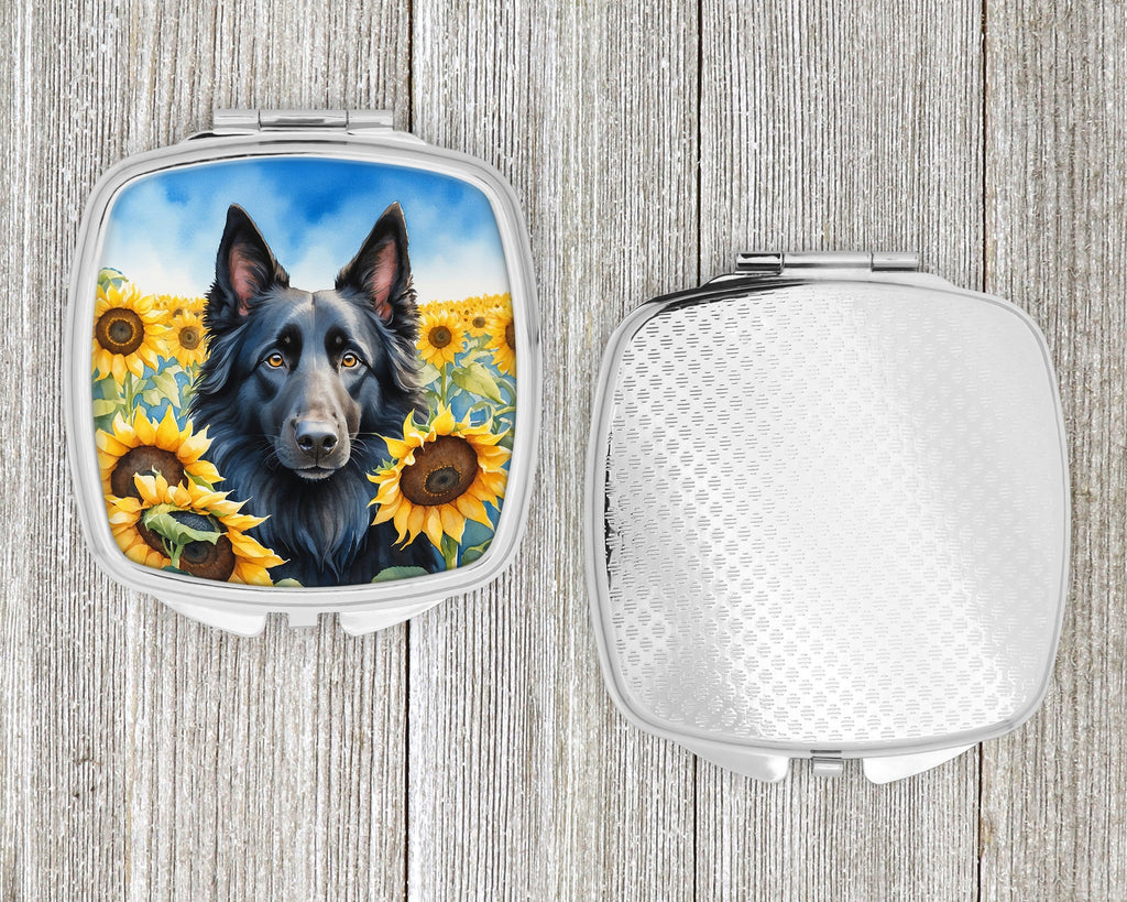 Belgian Sheepdog in Sunflowers Compact Mirror Decorative Travel Makeup Mirror for Women Girls Gifts Pocket Makeup Mirror Folding Handheld