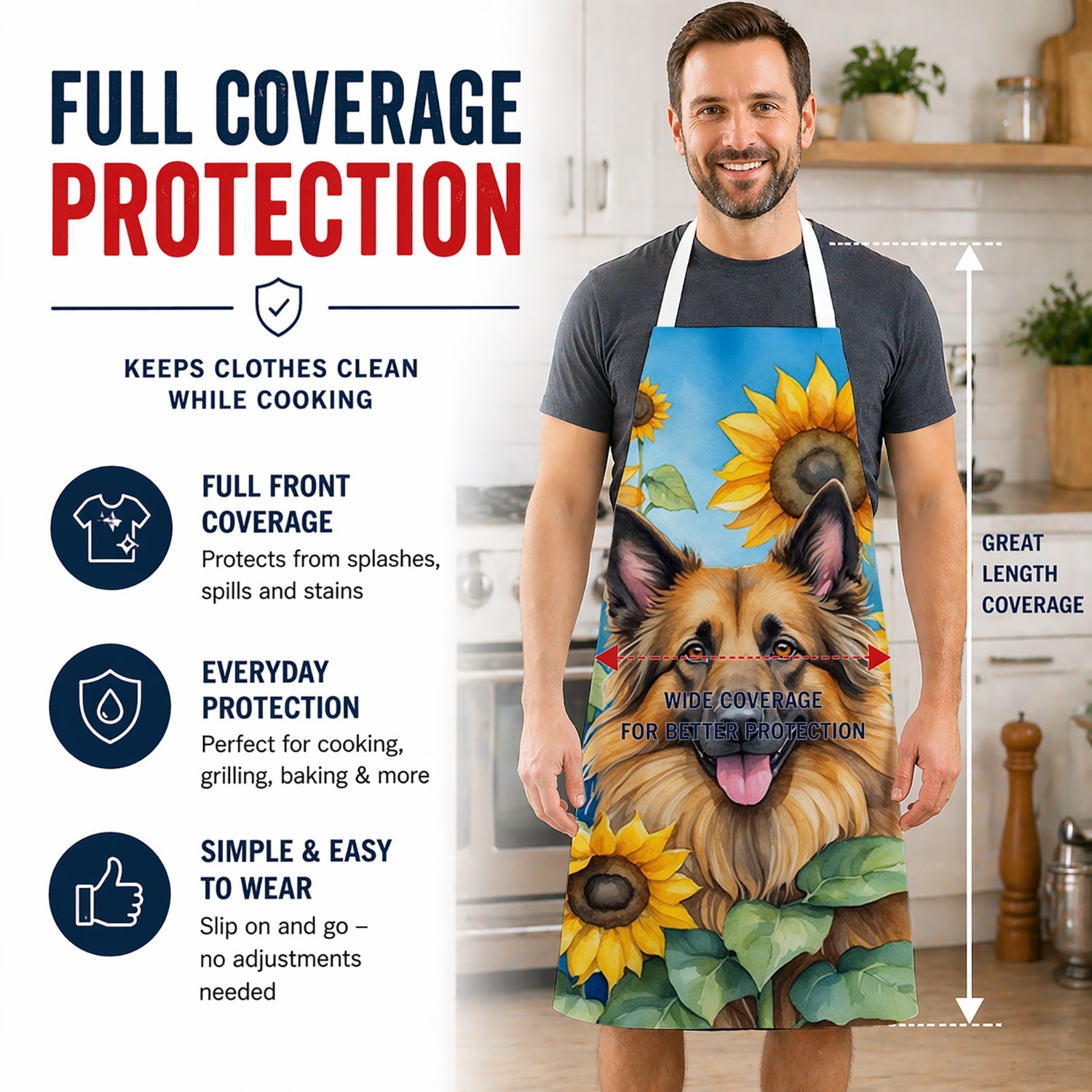 Belgian Tervuren in Sunflowers Apron Cooking Kitchen Server Baking Crafts Gardening for Adult Women Men, Unisex, Large, Multicolor