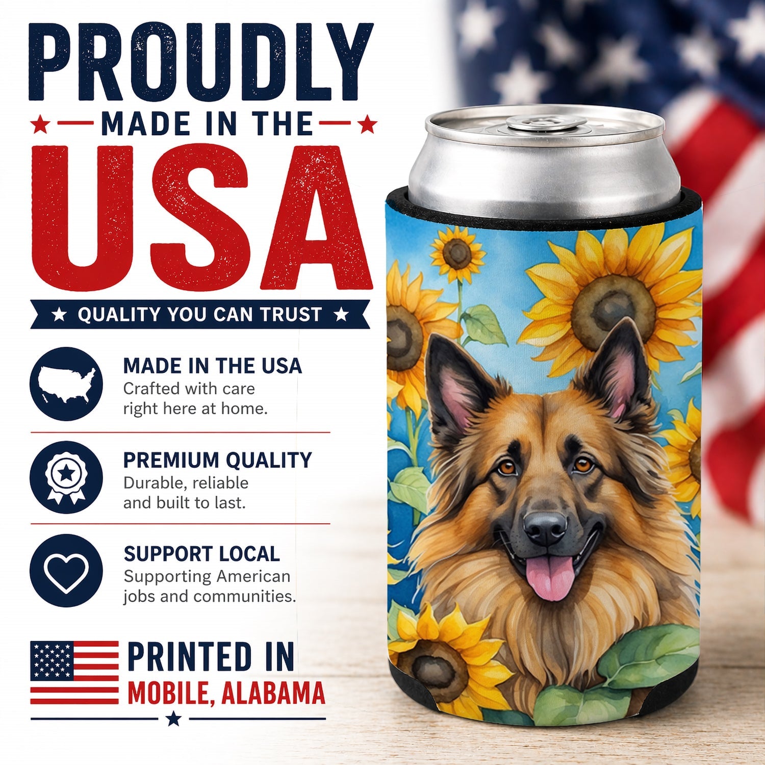 Belgian Tervuren in Sunflowers Can or Bottle Hugger Cooler Sleeve for Standard 12 oz Cans, Insulated Foam Beer & Soda Can Hugger Reusable