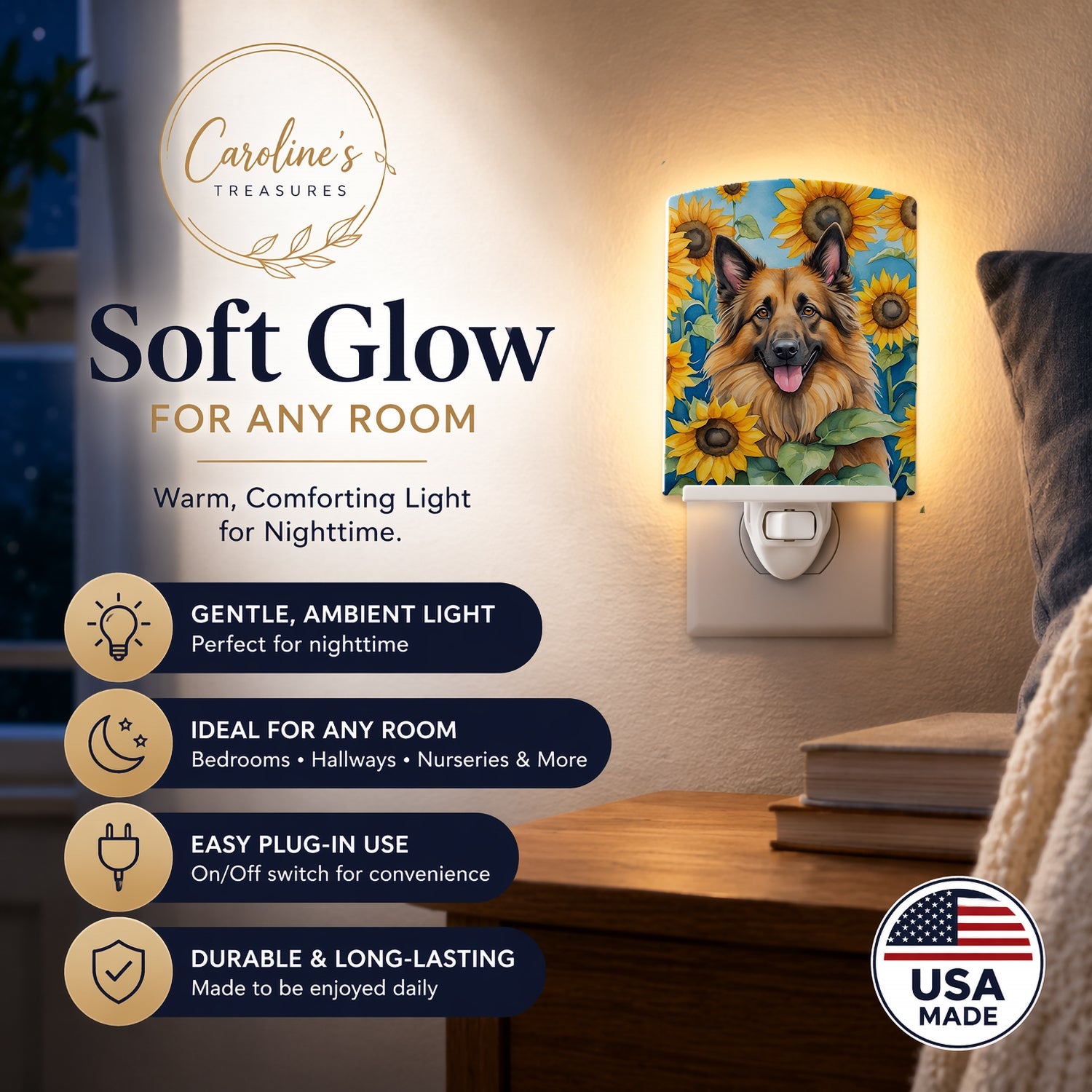 Belgian Tervuren in Sunflowers Ceramic Night Light Compact, UL-Certified, Ideal for Bedroom, Bathroom, Nursery, Hallway, Kitchen, 6x4x3, Multicolor