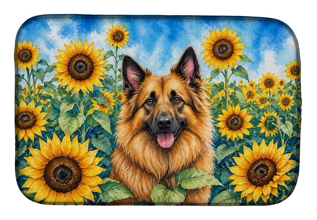 Belgian Tervuren in Sunflowers Dish Drying Mat Absorbent Dish Drying Mat Pad for Kitchen Counter Dish Drainer Mat for Countertop, 14 x 21", Multicolor