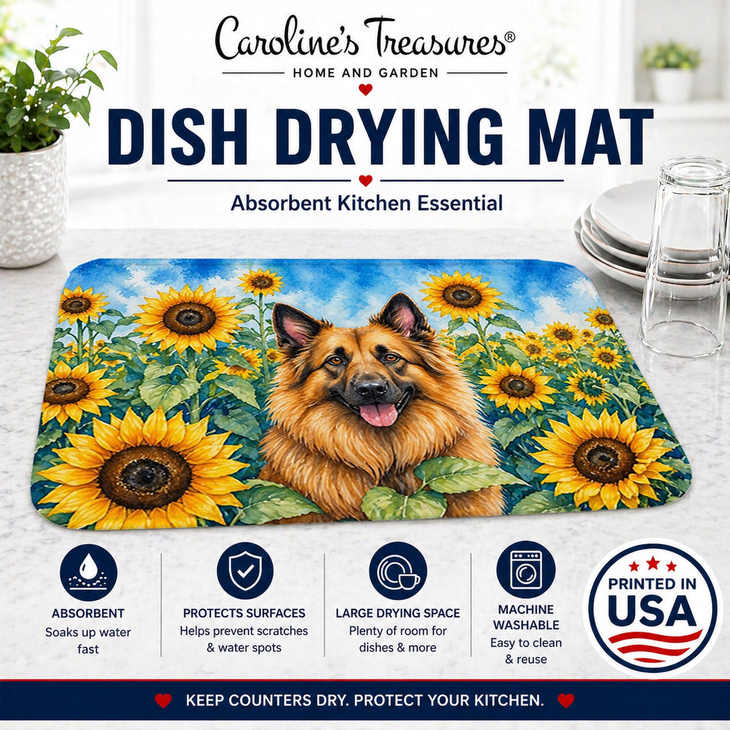 Belgian Tervuren in Sunflowers Dish Drying Mat Absorbent Dish Drying Mat Pad for Kitchen Counter Dish Drainer Mat for Countertop, 14 x 21", Multicolor