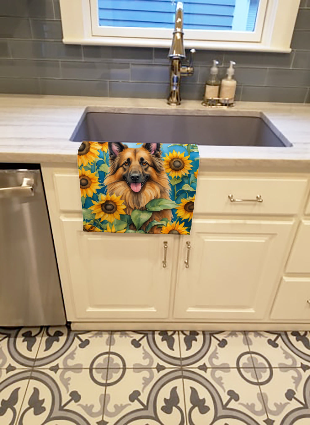 Belgian Tervuren in Sunflowers Kitchen Towel Velour Plush Front and Cotton Loop Back Machine Washable