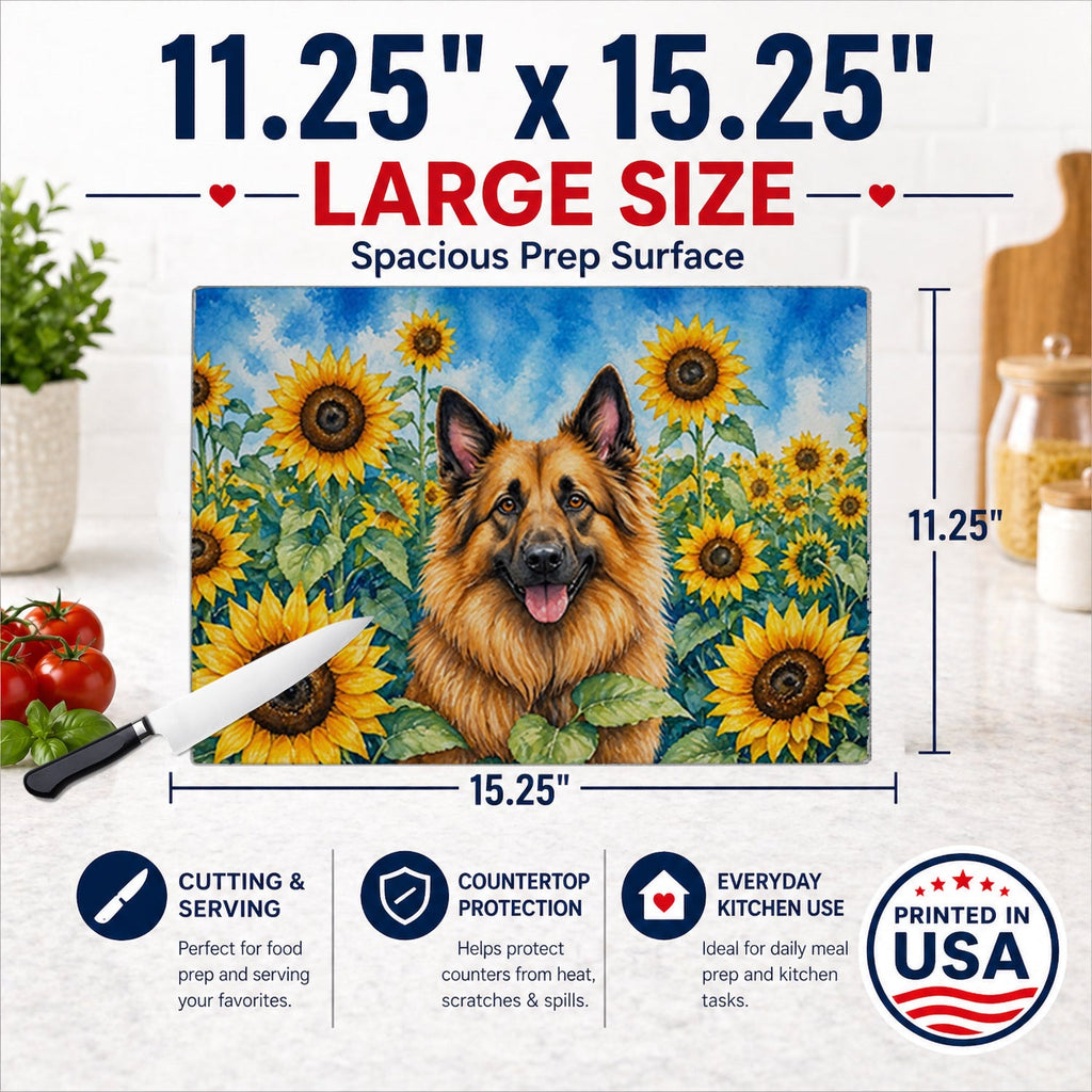 Belgian Tervuren in Sunflowers Cutting Board Tempered Glass Kitchen Cutting Surface, Heat Resistant Chopping Board with Non-Slip Feet, Decorative Food Prep & Serving