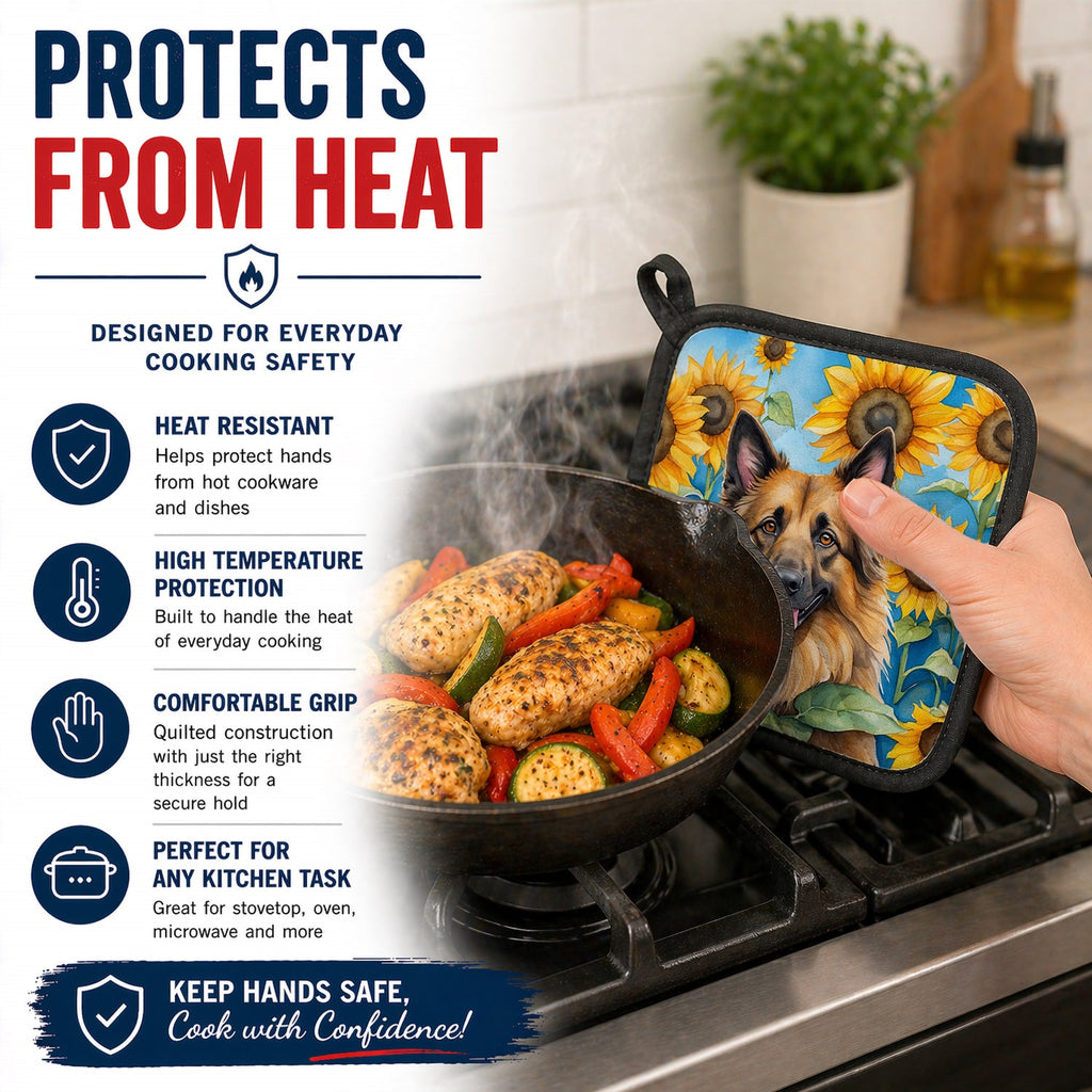 Belgian Tervuren in Sunflowers Pot Holder Set of 2 Heat Resistant Quilted Hot Pads 7.5 x 7.5 Inch, Insulated Kitchen Trivets for Cooking & Baking