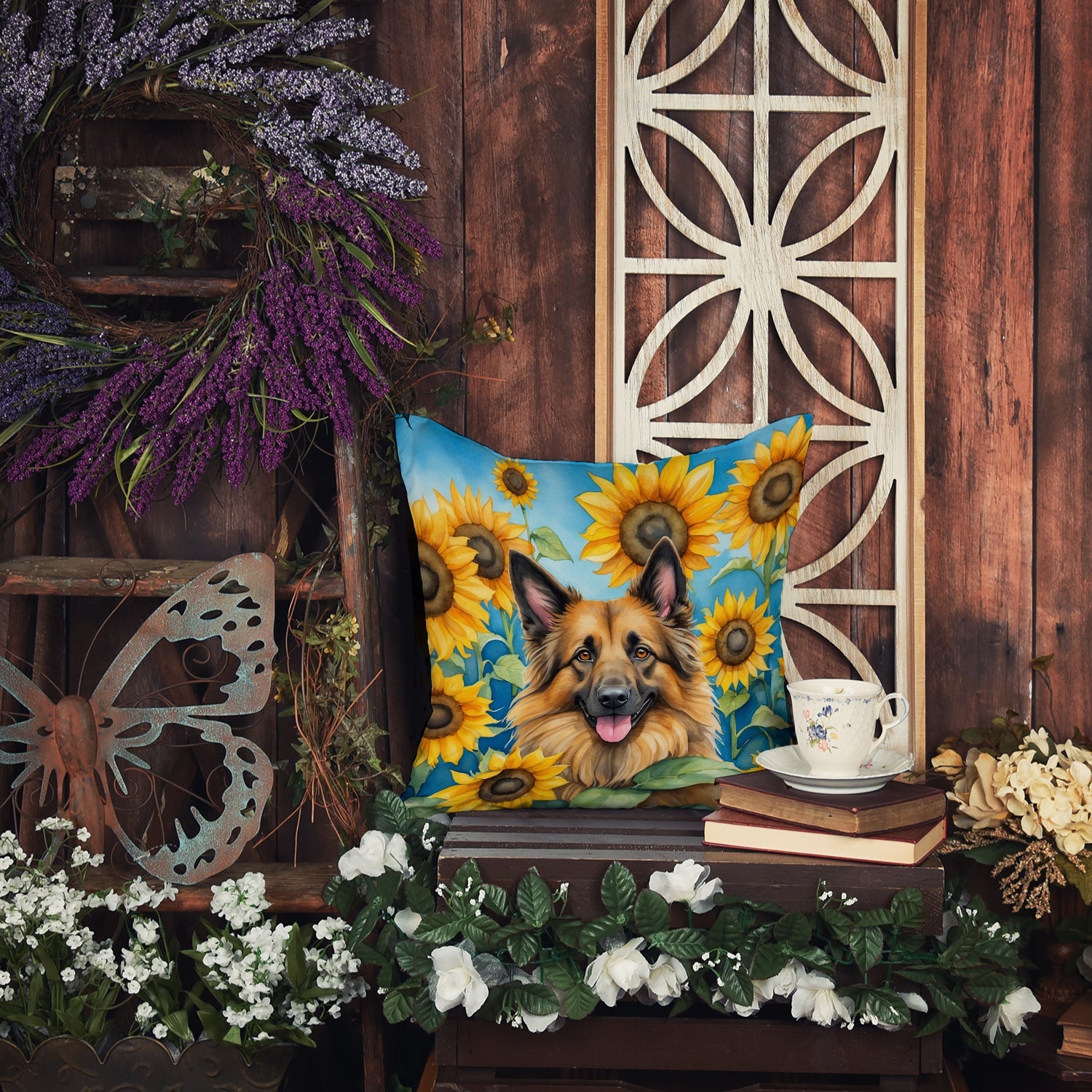 Belgian Tervuren in Sunflowers Decorative Throw Pillow 14x14 Indoor Outdoor Accent Cushion, Fabric Cover with Insert for Sofa, Bed, Porch & Living Room