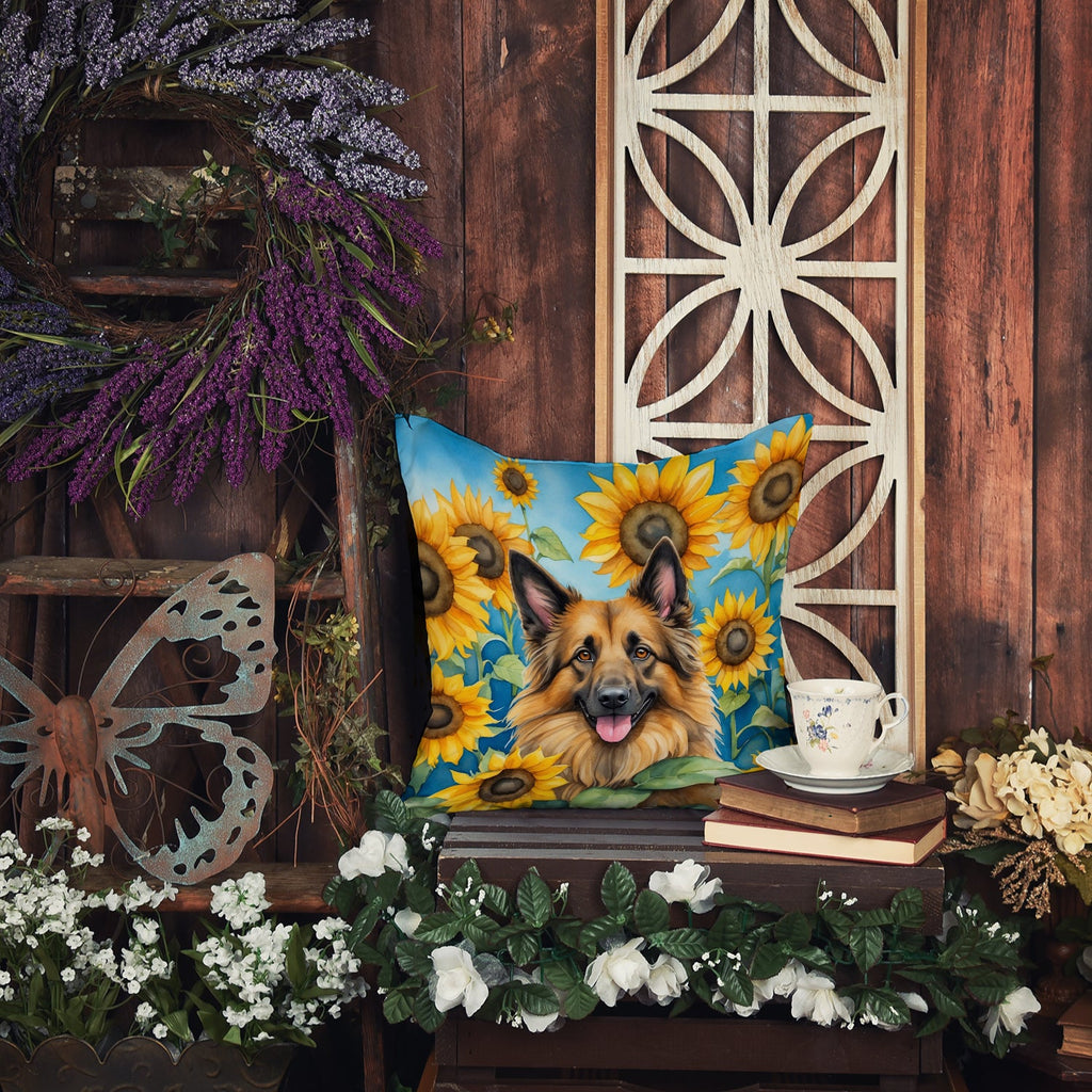 Belgian Tervuren in Sunflowers Decorative Throw Pillow 18x18 Indoor Outdoor Accent Cushion, Fabric Cover with Insert for Sofa, Bed, Porch & Living Room