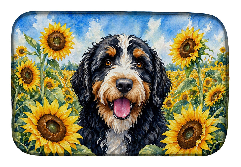 Bernedoodle in Sunflowers Dish Drying Mat Absorbent Dish Drying Mat Pad for Kitchen Counter Dish Drainer Mat for Countertop, 14 x 21", Multicolor