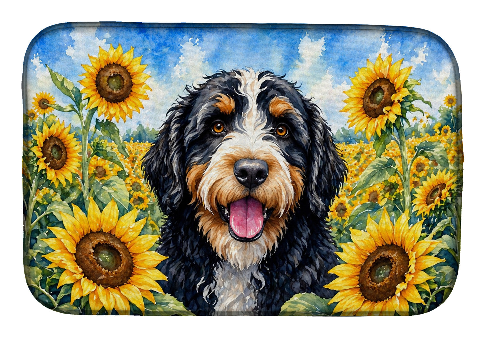 Bernedoodle in Sunflowers Dish Drying Mat Absorbent Dish Drying Mat Pad for Kitchen Counter Dish Drainer Mat for Countertop, 14 x 21", Multicolor