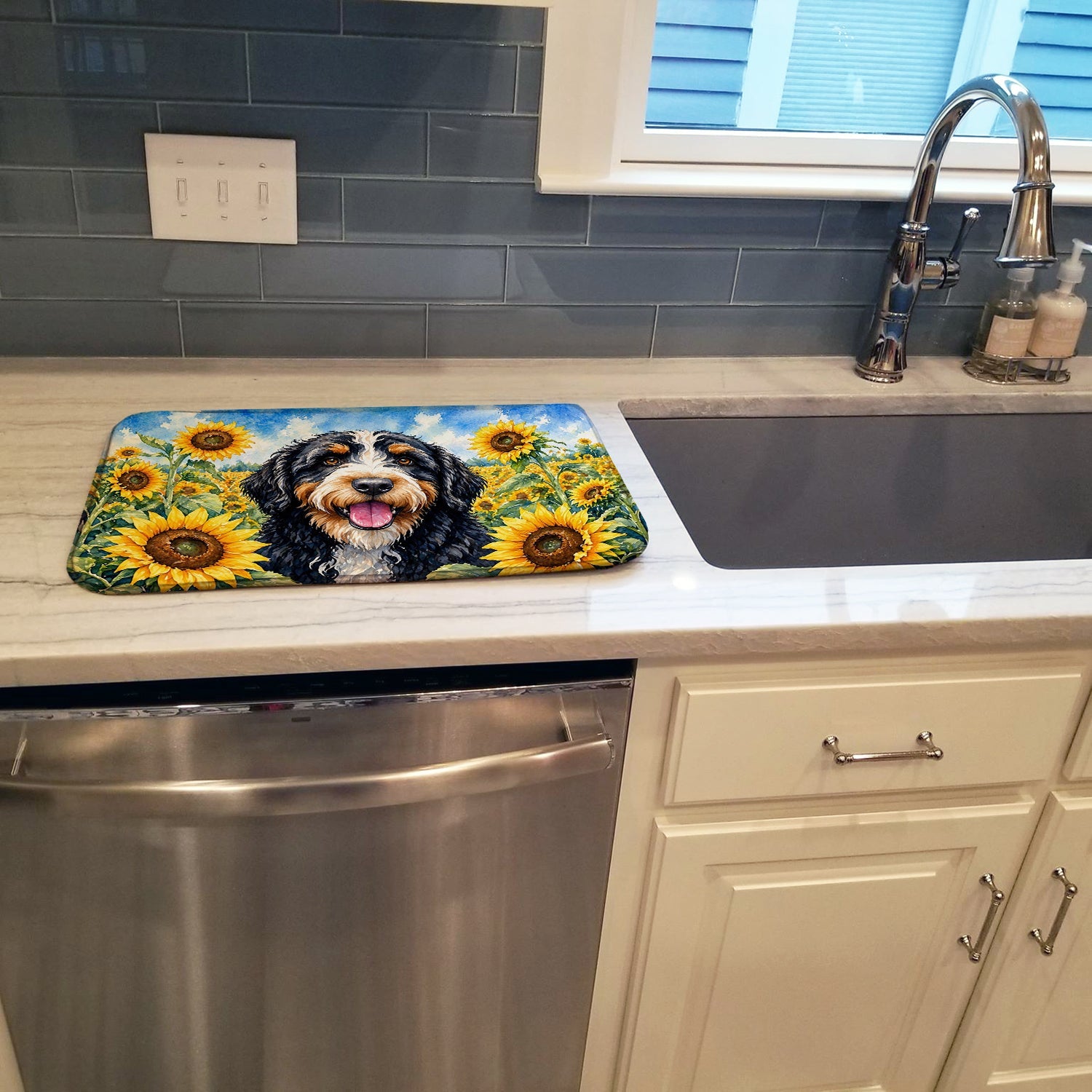 Bernedoodle in Sunflowers Dish Drying Mat Absorbent Dish Drying Mat Pad for Kitchen Counter Dish Drainer Mat for Countertop, 14 x 21", Multicolor