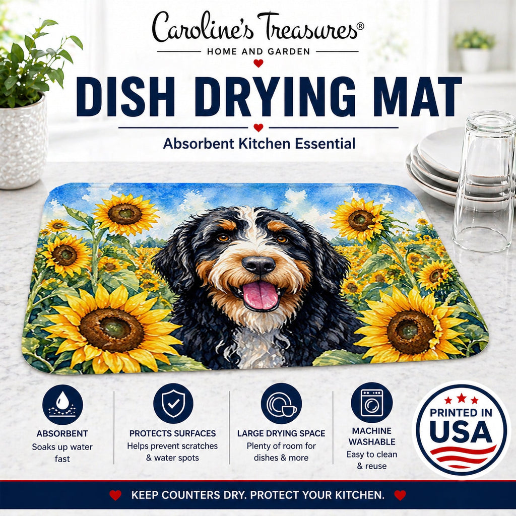 Bernedoodle in Sunflowers Dish Drying Mat Absorbent Dish Drying Mat Pad for Kitchen Counter Dish Drainer Mat for Countertop, 14 x 21", Multicolor