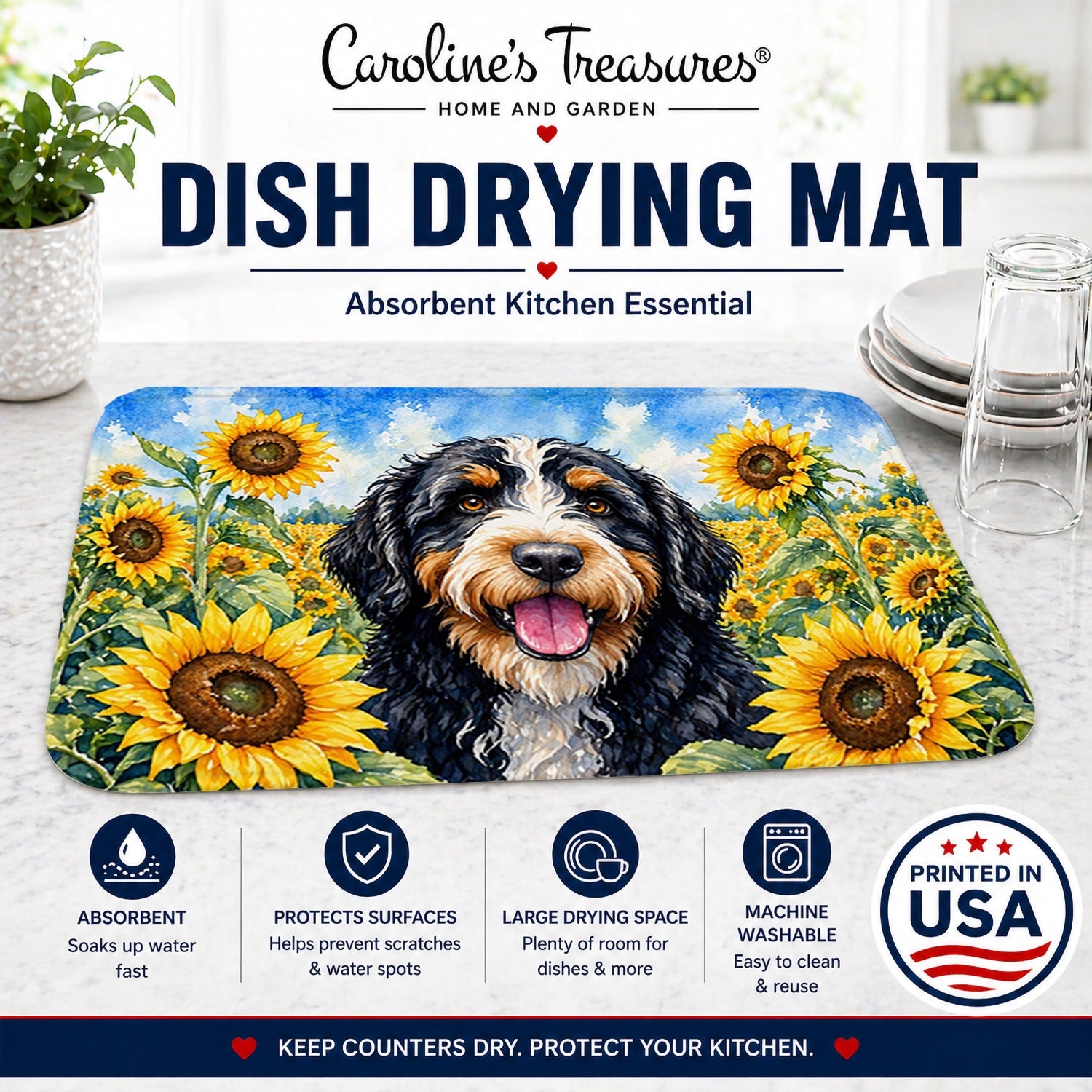 Bernedoodle in Sunflowers Dish Drying Mat Absorbent Dish Drying Mat Pad for Kitchen Counter Dish Drainer Mat for Countertop, 14 x 21", Multicolor
