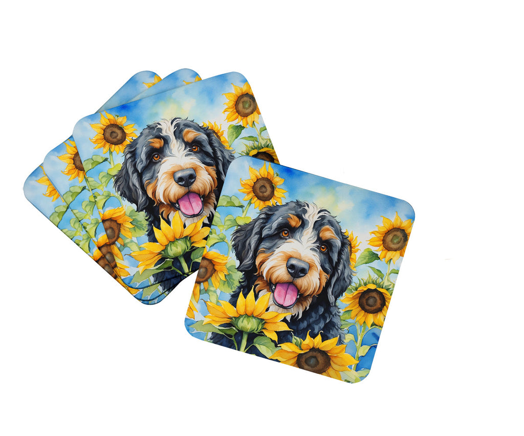 Bernedoodle in Sunflowers Foam Coasters Set of 4 Cup Coasters for Indoor Outdoor, Tabletop Protection, Anti Slip, Mouse pad Material