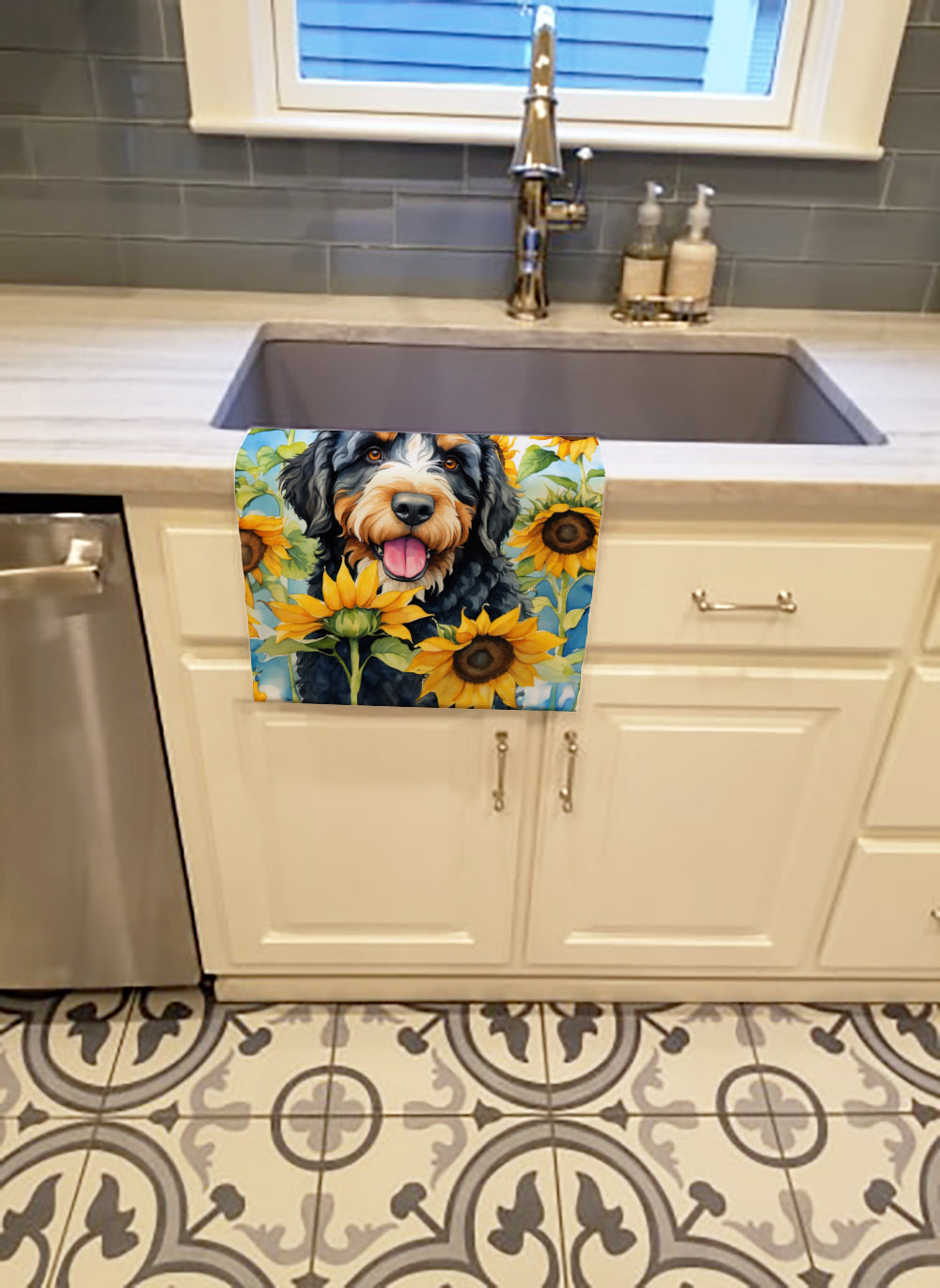 Bernedoodle in Sunflowers Kitchen Towel Velour Plush Front and Cotton Loop Back Machine Washable