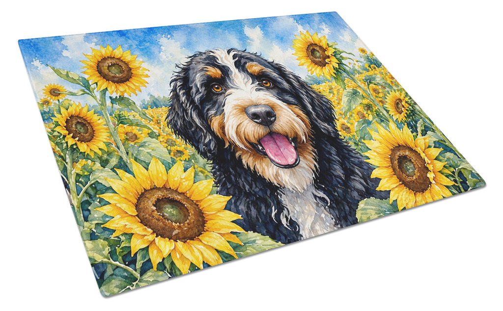 Bernedoodle in Sunflowers Cutting Board Tempered Glass Kitchen Cutting Surface, Heat Resistant Chopping Board with Non-Slip Feet, Decorative Food Prep & Serving