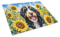 Bernedoodle in Sunflowers Cutting Board Tempered Glass Kitchen Cutting Surface, Heat Resistant Chopping Board with Non-Slip Feet, Decorative Food Prep & Serving