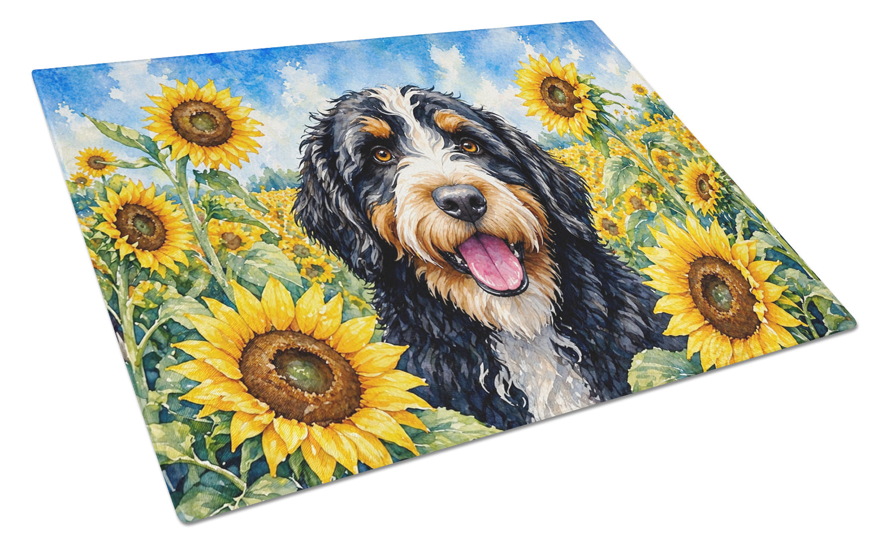 Bernedoodle in Sunflowers Cutting Board Tempered Glass Kitchen Cutting Surface, Heat Resistant Chopping Board with Non-Slip Feet, Decorative Food Prep & Serving