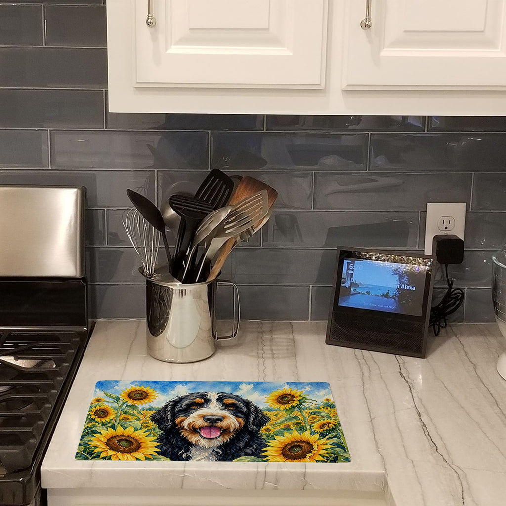 Bernedoodle in Sunflowers Cutting Board Tempered Glass Kitchen Cutting Surface, Heat Resistant Chopping Board with Non-Slip Feet, Decorative Food Prep & Serving