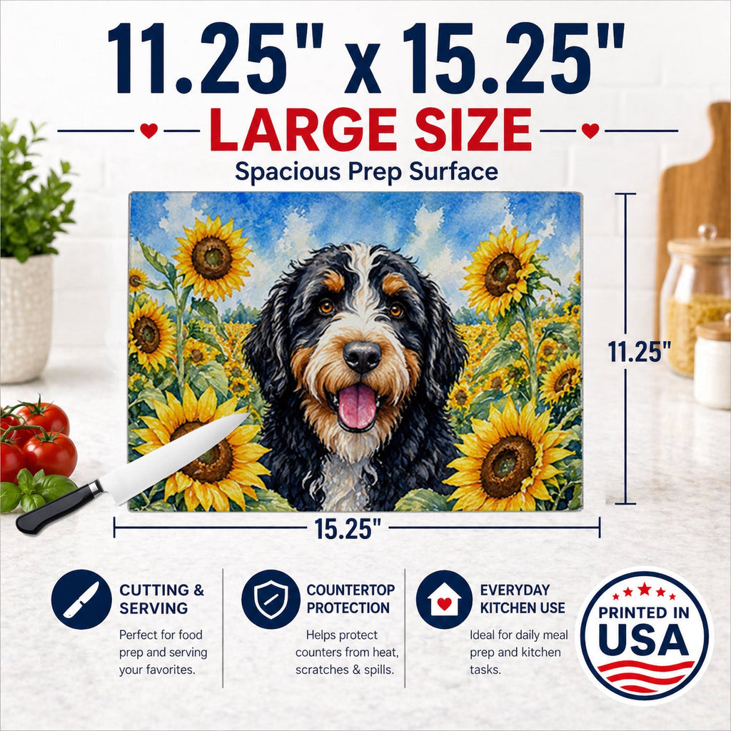 Bernedoodle in Sunflowers Cutting Board Tempered Glass Kitchen Cutting Surface, Heat Resistant Chopping Board with Non-Slip Feet, Decorative Food Prep & Serving