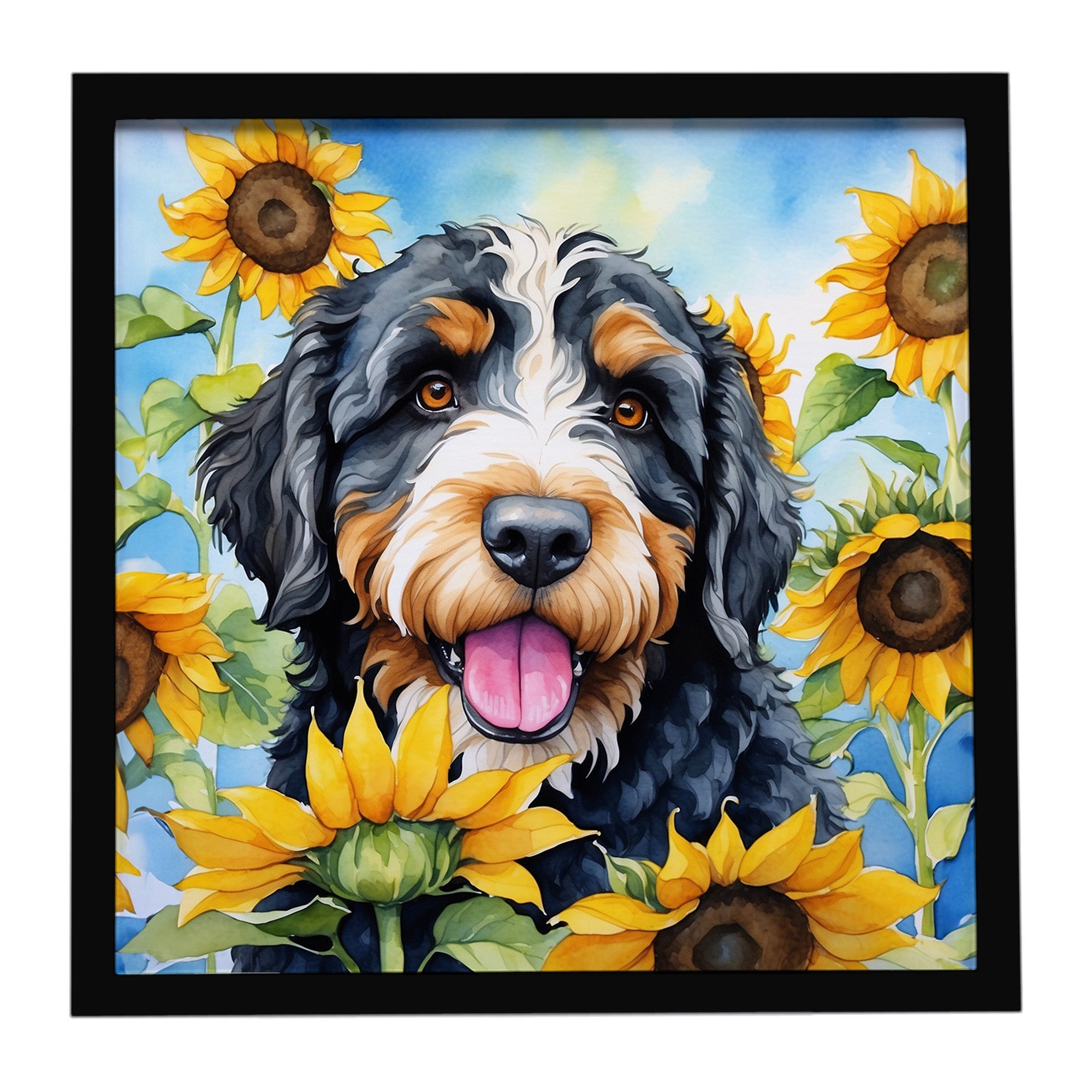 Bernedoodle in Sunflowers Framed Metal Print Bathroom, Kitchen, Office, Home Decor Wall Art Ready to Hang, Square, 8X8