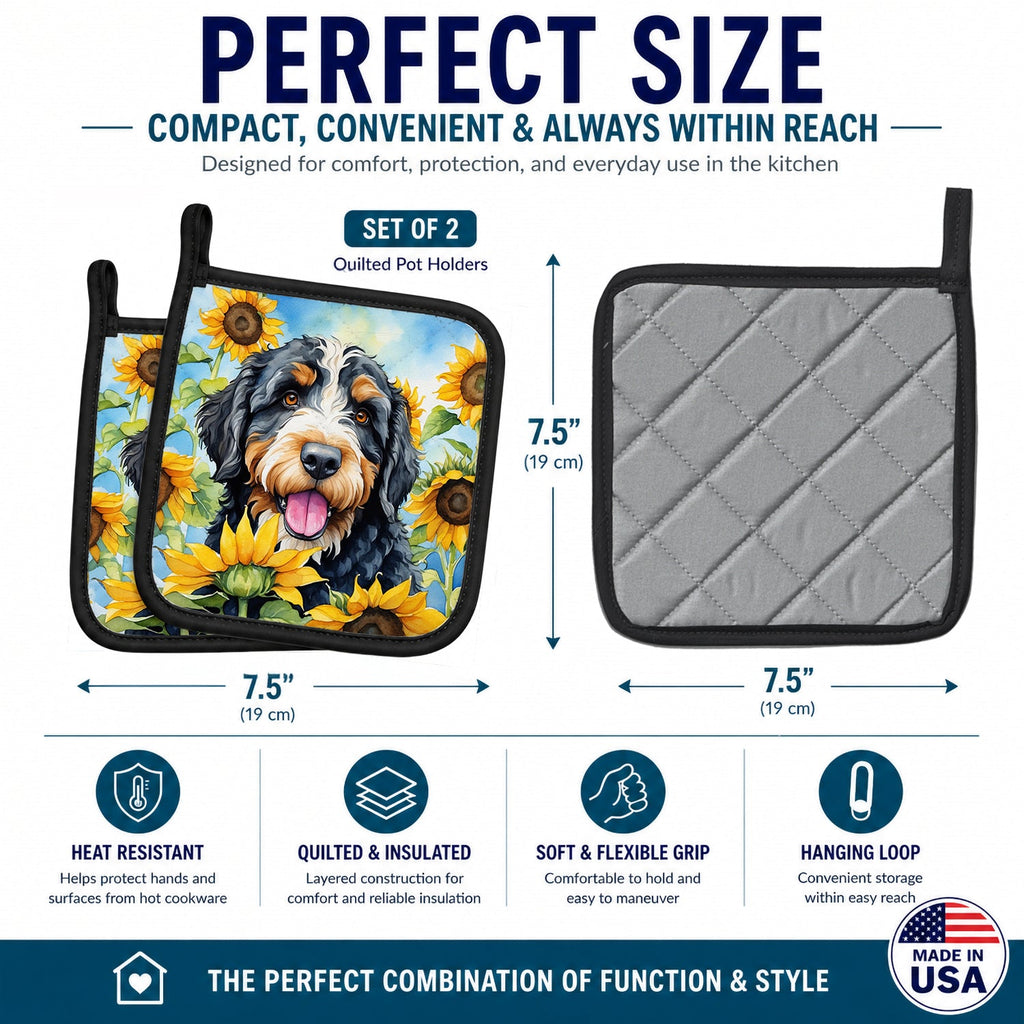 Bernedoodle in Sunflowers Pot Holder Set of 2 Heat Resistant Quilted Hot Pads 7.5 x 7.5 Inch, Insulated Kitchen Trivets for Cooking & Baking