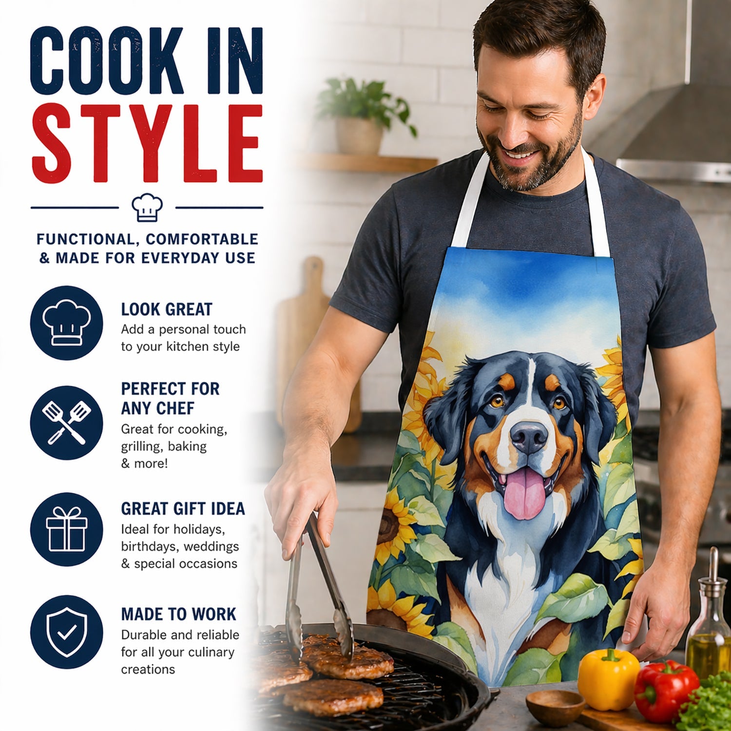 Bernese Mountain Dog in Sunflowers Apron Cooking Kitchen Server Baking Crafts Gardening for Adult Women Men, Unisex, Large, Multicolor