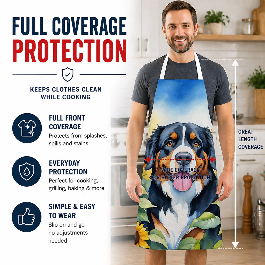 Bernese Mountain Dog in Sunflowers Apron Cooking Kitchen Server Baking Crafts Gardening for Adult Women Men, Unisex, Large, Multicolor