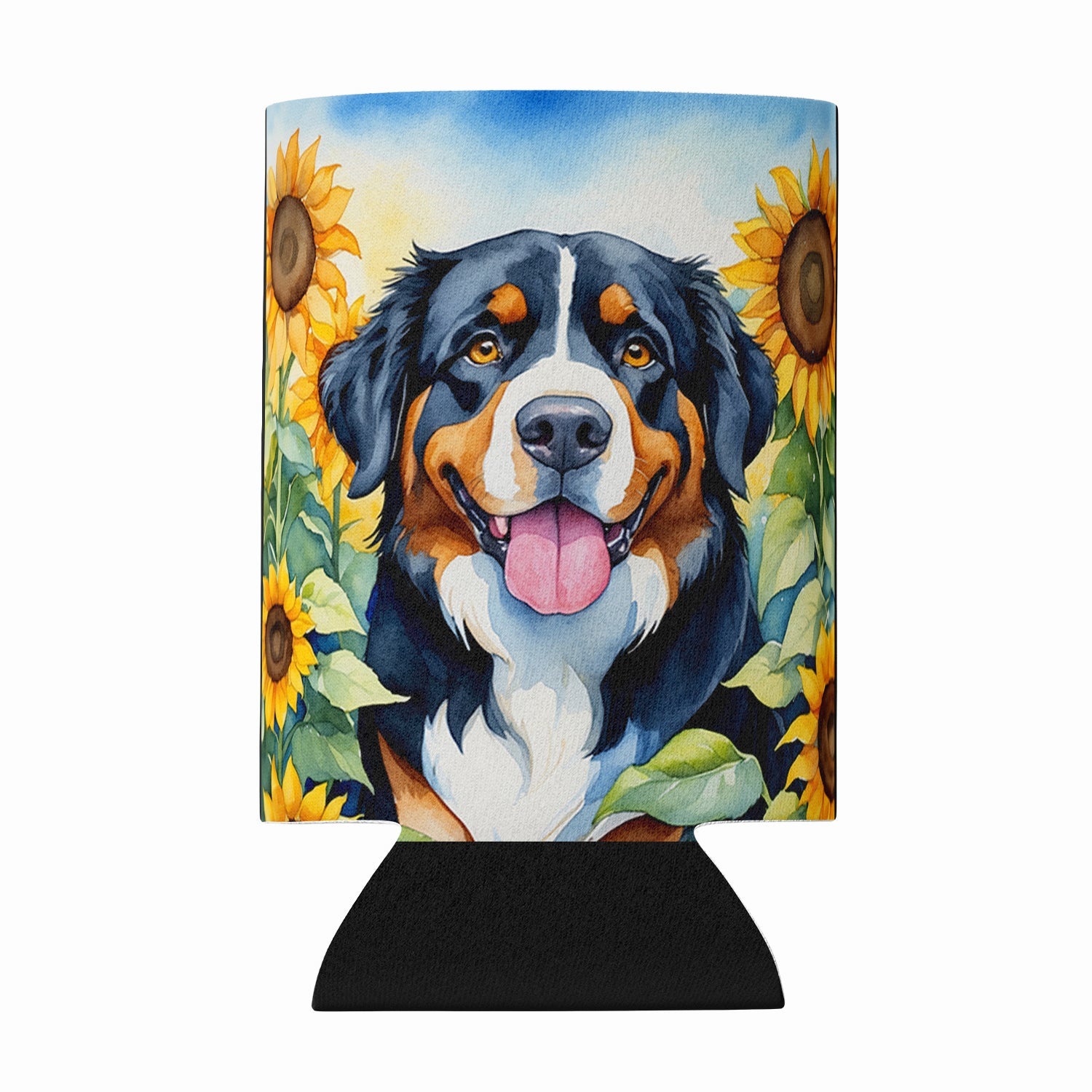 Bernese Mountain Dog in Sunflowers Can or Bottle Hugger Cooler Sleeve for Standard 12 oz Cans, Insulated Foam Beer & Soda Can Hugger Reusable
