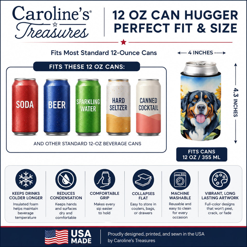 Bernese Mountain Dog in Sunflowers Can or Bottle Hugger Cooler Sleeve for Standard 12 oz Cans, Insulated Foam Beer & Soda Can Hugger Reusable