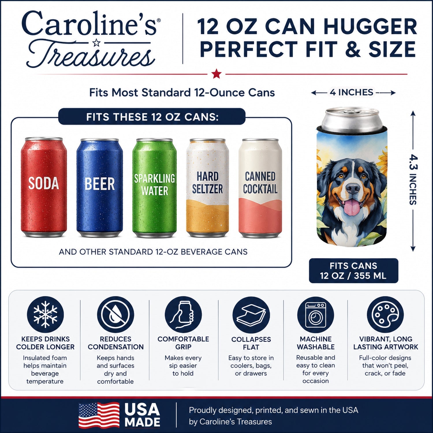 Bernese Mountain Dog in Sunflowers Can or Bottle Hugger Cooler Sleeve for Standard 12 oz Cans, Insulated Foam Beer & Soda Can Hugger Reusable