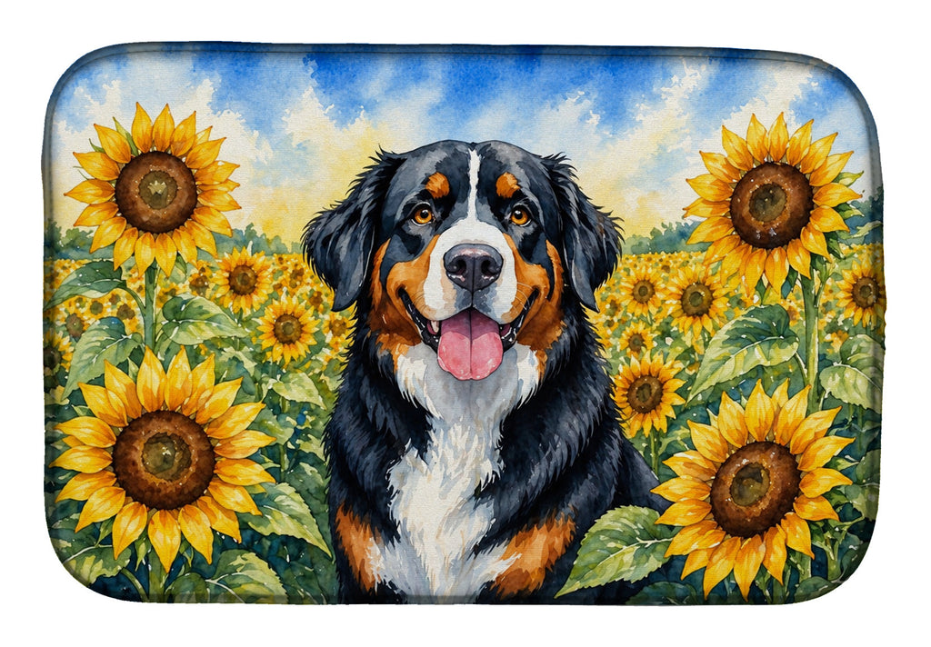 Bernese Mountain Dog in Sunflowers Dish Drying Mat Absorbent Dish Drying Mat Pad for Kitchen Counter Dish Drainer Mat for Countertop, 14 x 21", Multicolor