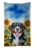 Bernese Mountain Dog in Sunflowers Kitchen Towel Velour Plush Front and Cotton Loop Back Machine Washable
