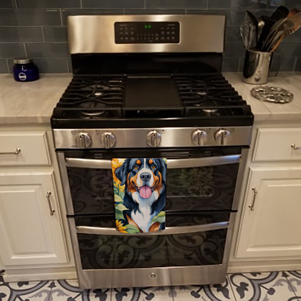 Bernese Mountain Dog in Sunflowers Kitchen Towel Velour Plush Front and Cotton Loop Back Machine Washable