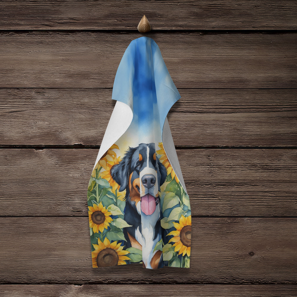 Bernese Mountain Dog in Sunflowers Kitchen Towel Velour Plush Front and Cotton Loop Back Machine Washable