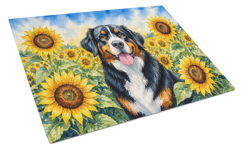 Bernese Mountain Dog in Sunflowers Cutting Board Tempered Glass Kitchen Cutting Surface, Heat Resistant Chopping Board with Non-Slip Feet, Decorative Food Prep & Serving