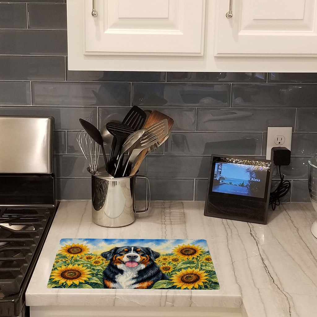 Bernese Mountain Dog in Sunflowers Cutting Board Tempered Glass Kitchen Cutting Surface, Heat Resistant Chopping Board with Non-Slip Feet, Decorative Food Prep & Serving
