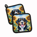 Bernese Mountain Dog in Sunflowers Pot Holder Set of 2 Heat Resistant Quilted Hot Pads 7.5 x 7.5 Inch, Insulated Kitchen Trivets for Cooking & Baking