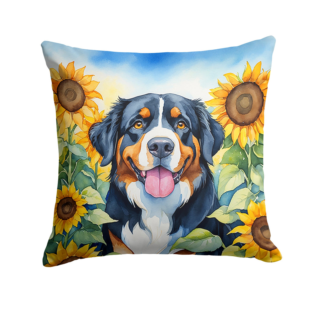 Bernese Mountain Dog in Sunflowers Decorative Throw Pillow 14x14 Indoor Outdoor Accent Cushion, Fabric Cover with Insert for Sofa, Bed, Porch & Living Room