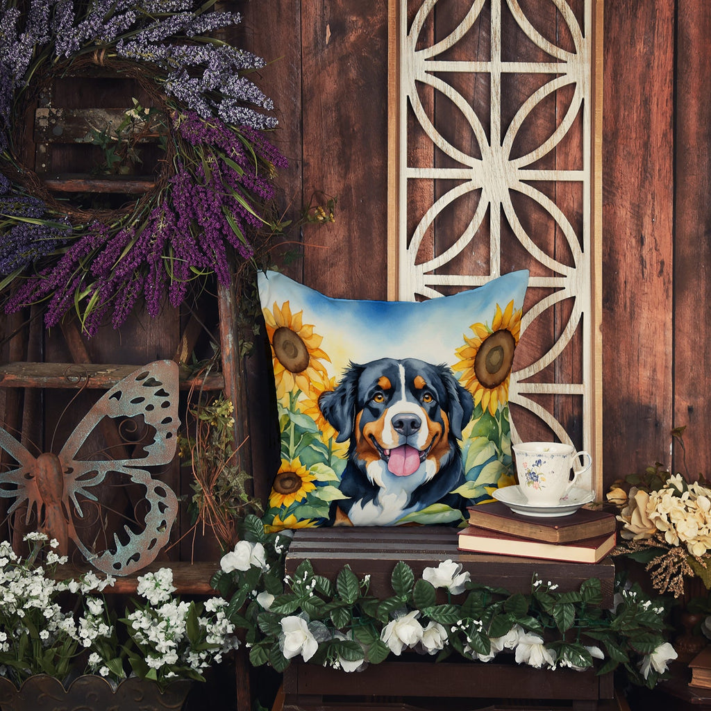 Bernese Mountain Dog in Sunflowers Decorative Throw Pillow 14x14 Indoor Outdoor Accent Cushion, Fabric Cover with Insert for Sofa, Bed, Porch & Living Room