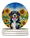 Bernese Mountain Dog in Sunflowers Large Sandstone Coasters Pack of 4 Absorbent Round Coasters Decor Gifts for Men or Women, 4 in, Multicolor