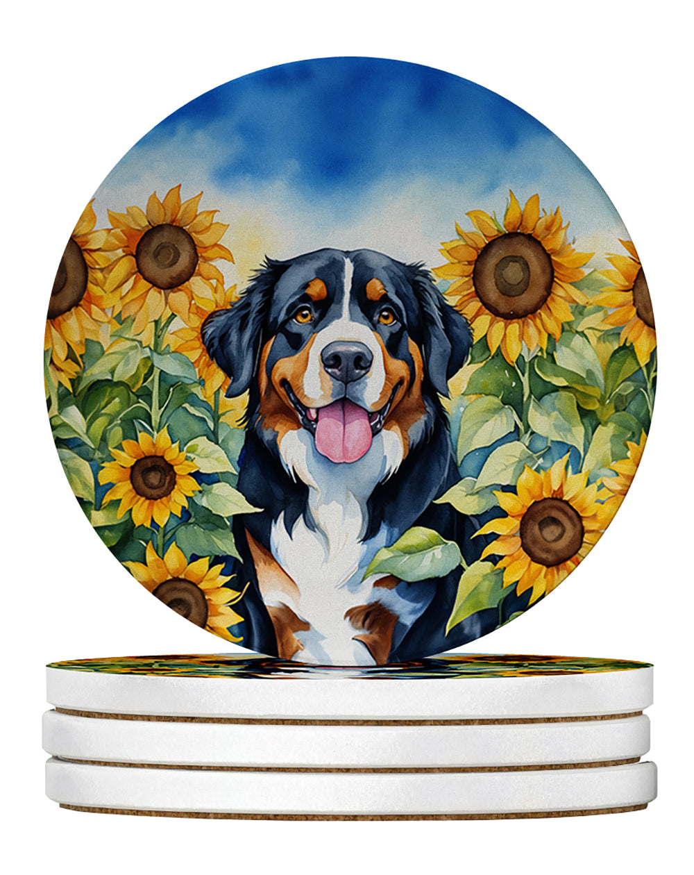 Bernese Mountain Dog in Sunflowers Large Sandstone Coasters Pack of 4 Absorbent Round Coasters Decor Gifts for Men or Women, 4 in, Multicolor