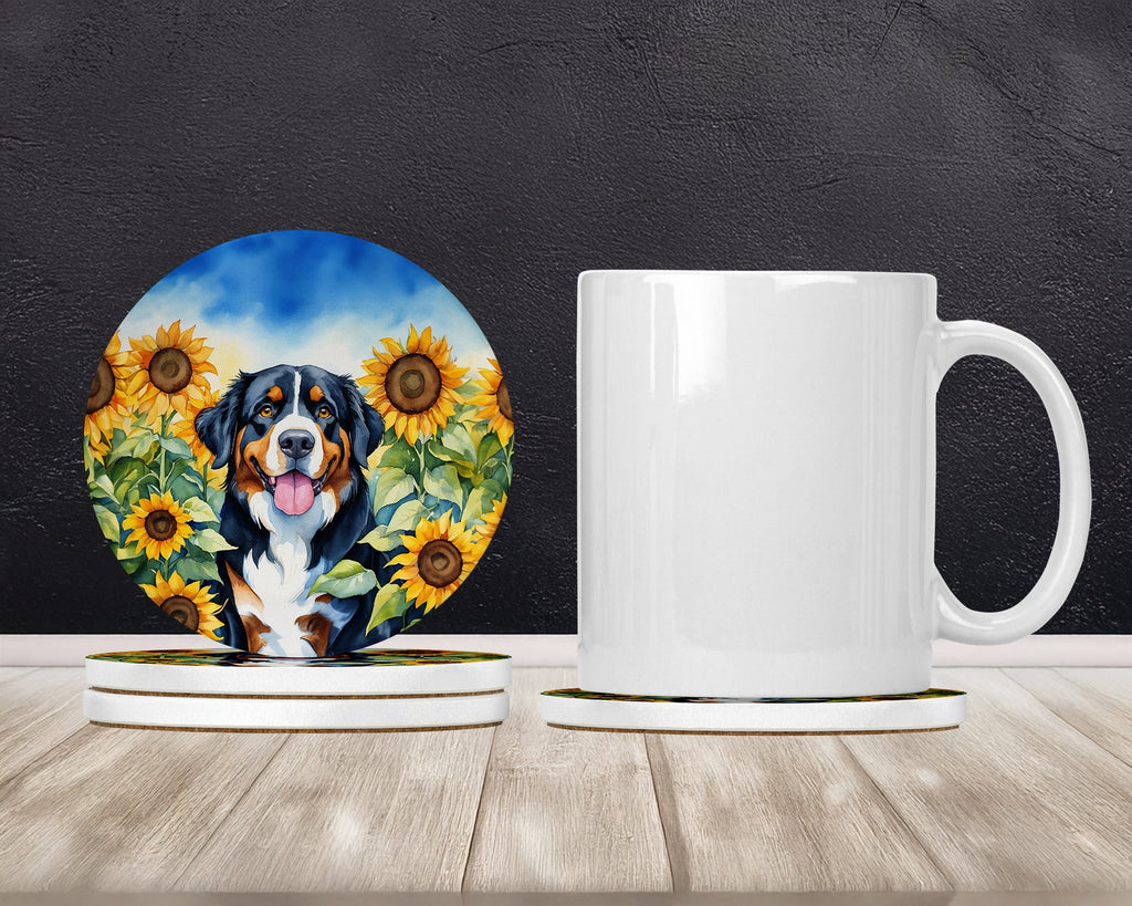Bernese Mountain Dog in Sunflowers Large Sandstone Coasters Pack of 4 Absorbent Round Coasters Decor Gifts for Men or Women, 4 in, Multicolor