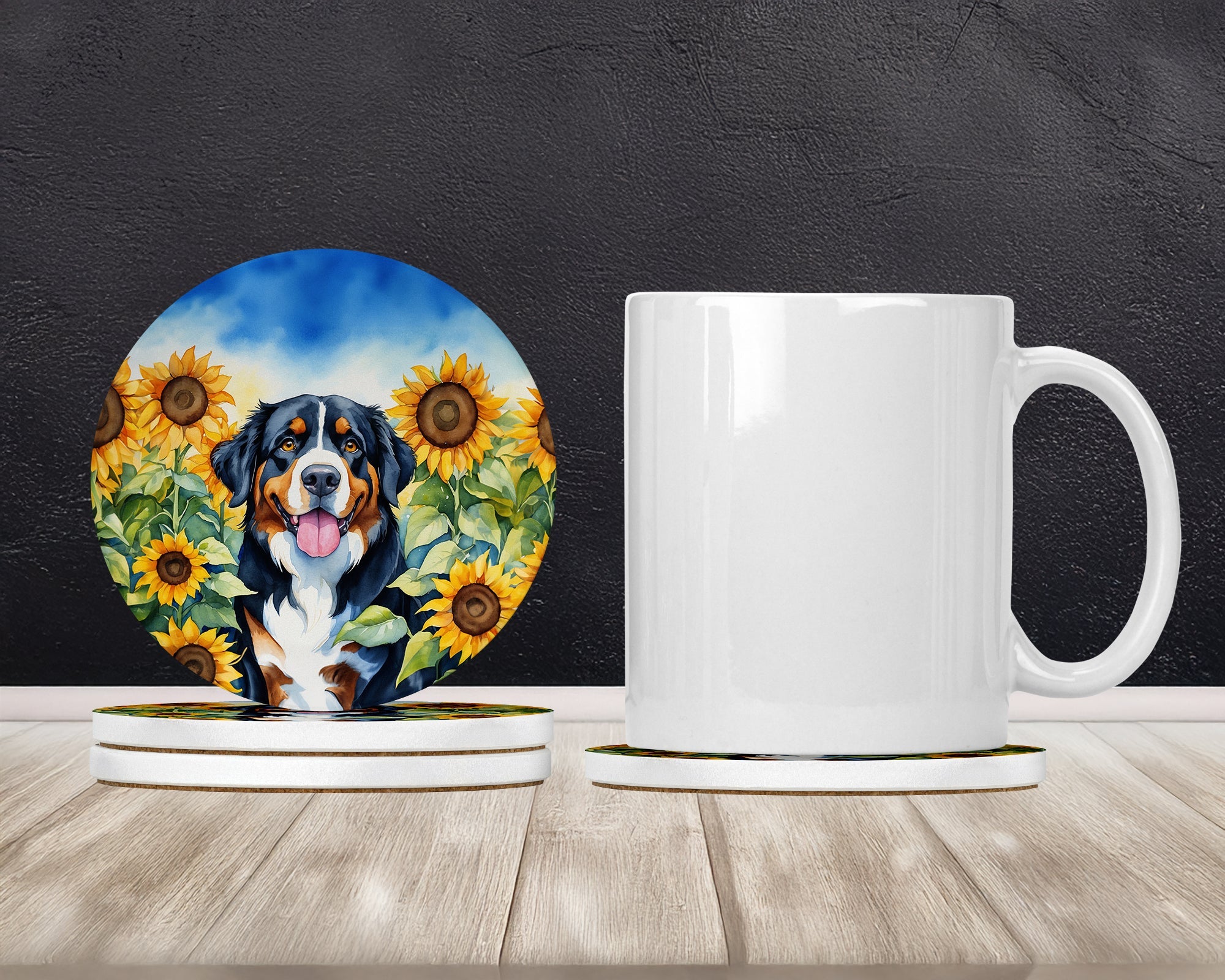 Bernese Mountain Dog in Sunflowers Large Sandstone Coasters Pack of 4 Absorbent Round Coasters Decor Gifts for Men or Women, 4 in, Multicolor