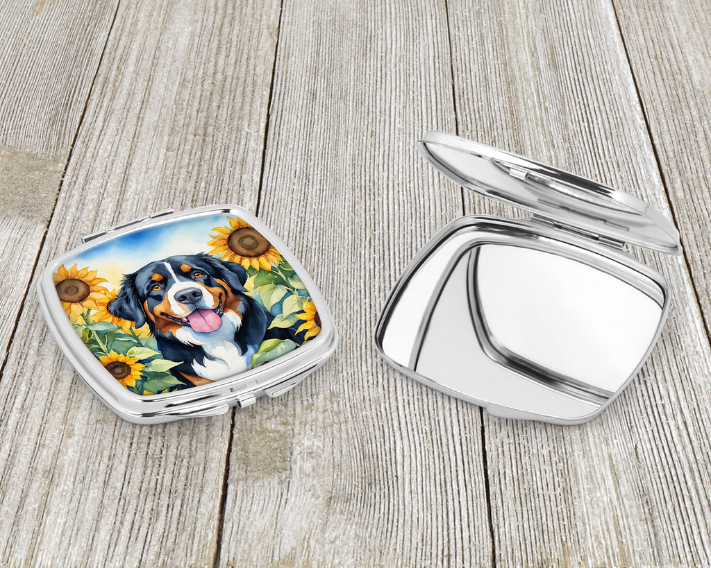 Bernese Mountain Dog in Sunflowers Compact Mirror Decorative Travel Makeup Mirror for Women Girls Gifts Pocket Makeup Mirror Folding Handheld